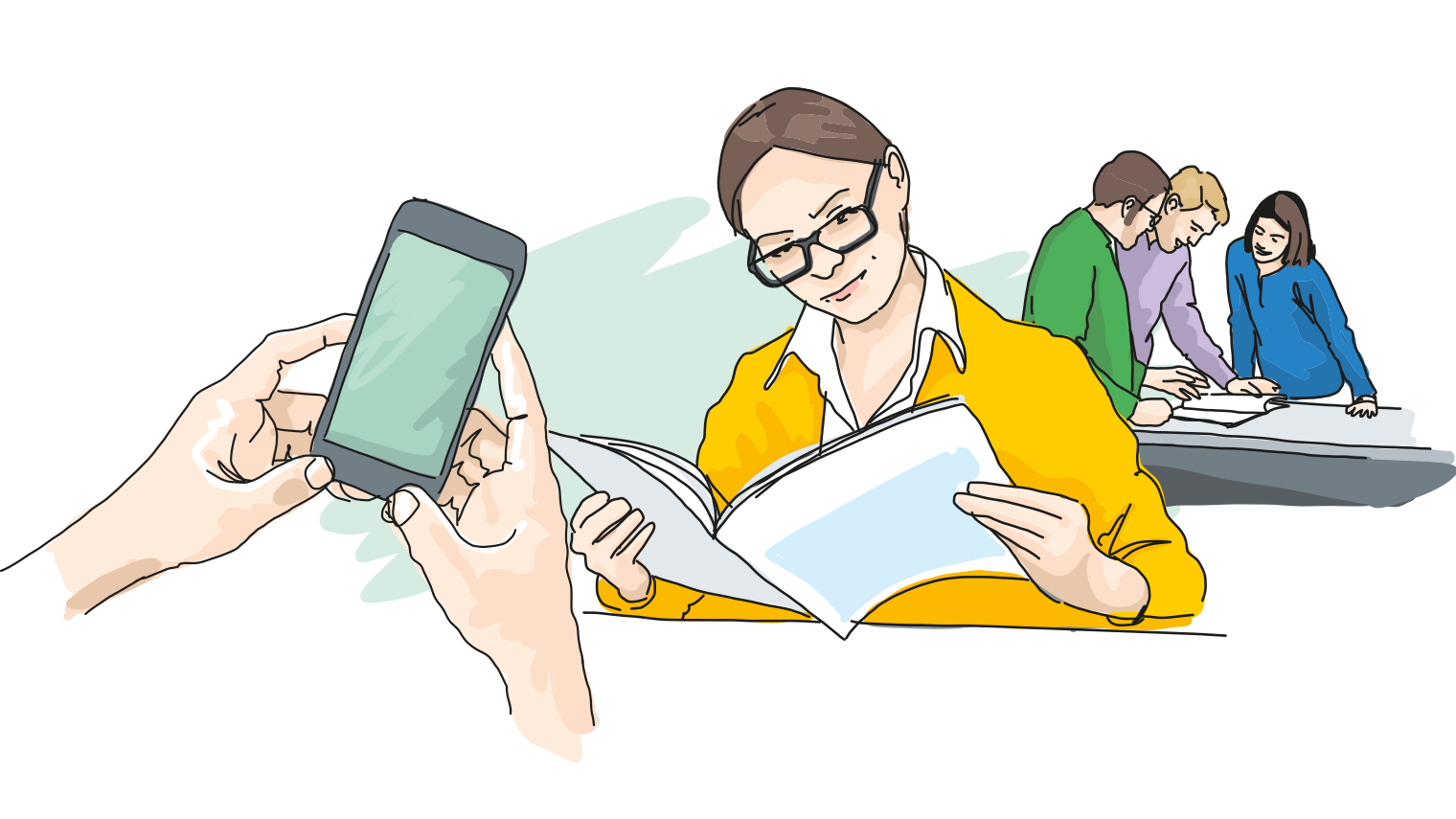 Piirroskuva, jossa kännykkä henkilön kädessä ja toisaalla nainen lukee lehteä